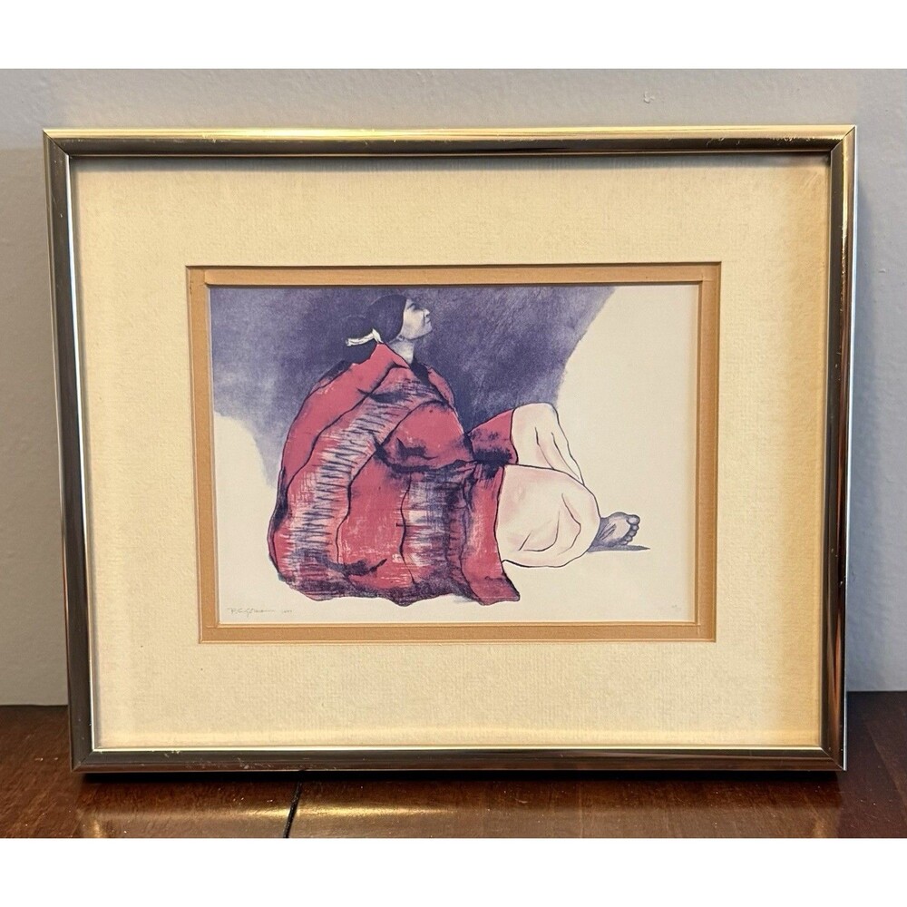 Framed & Matted RC Gorman Signed Print “Woman in Red Blanket"